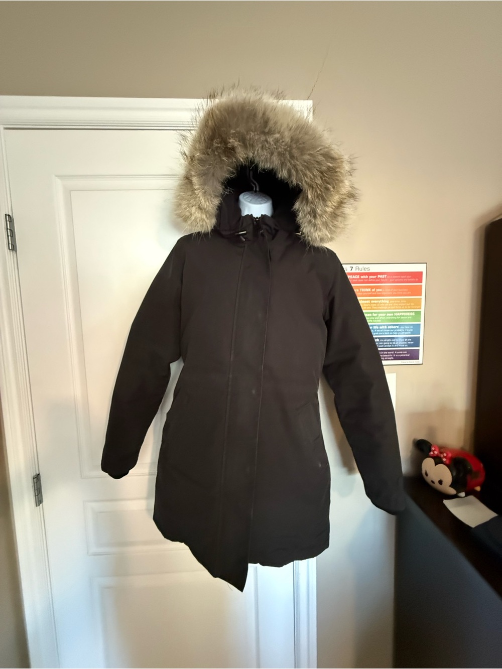 Canada Goose Black Hooded Puffer Coat with Fur-Trim Hood with receipt
